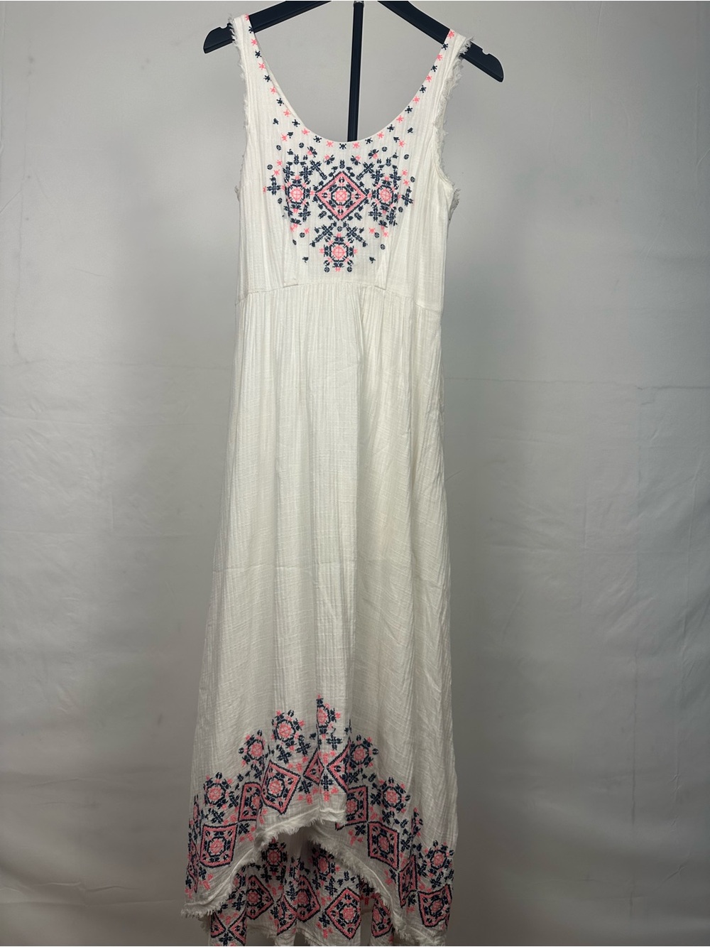 Sleeveless White Maxi Dress with Pink Embroidered Border - Picture 2 of 8